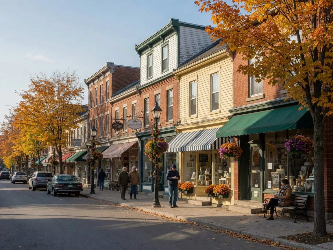 Queen Street, Port Perry's heritage main street, on a crisp autumn morning with brick and clapboard storefronts, awnings, boutique shops and cafés beneath orange and gold trees