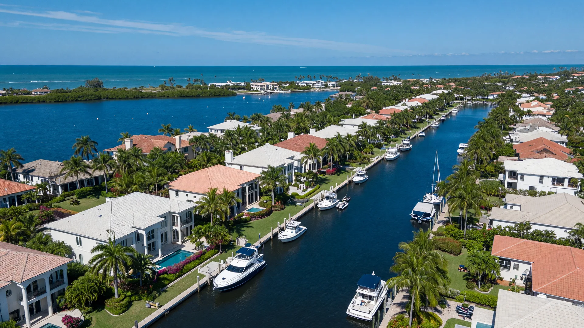Aerial view of The Moorings canal-side estates and Moorings Bay