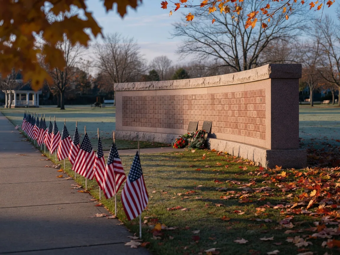 American flags lining a walkway to a granite Veterans memorial in a Michigan park on a crisp November morning, with fallen autumn leaves on the lawn