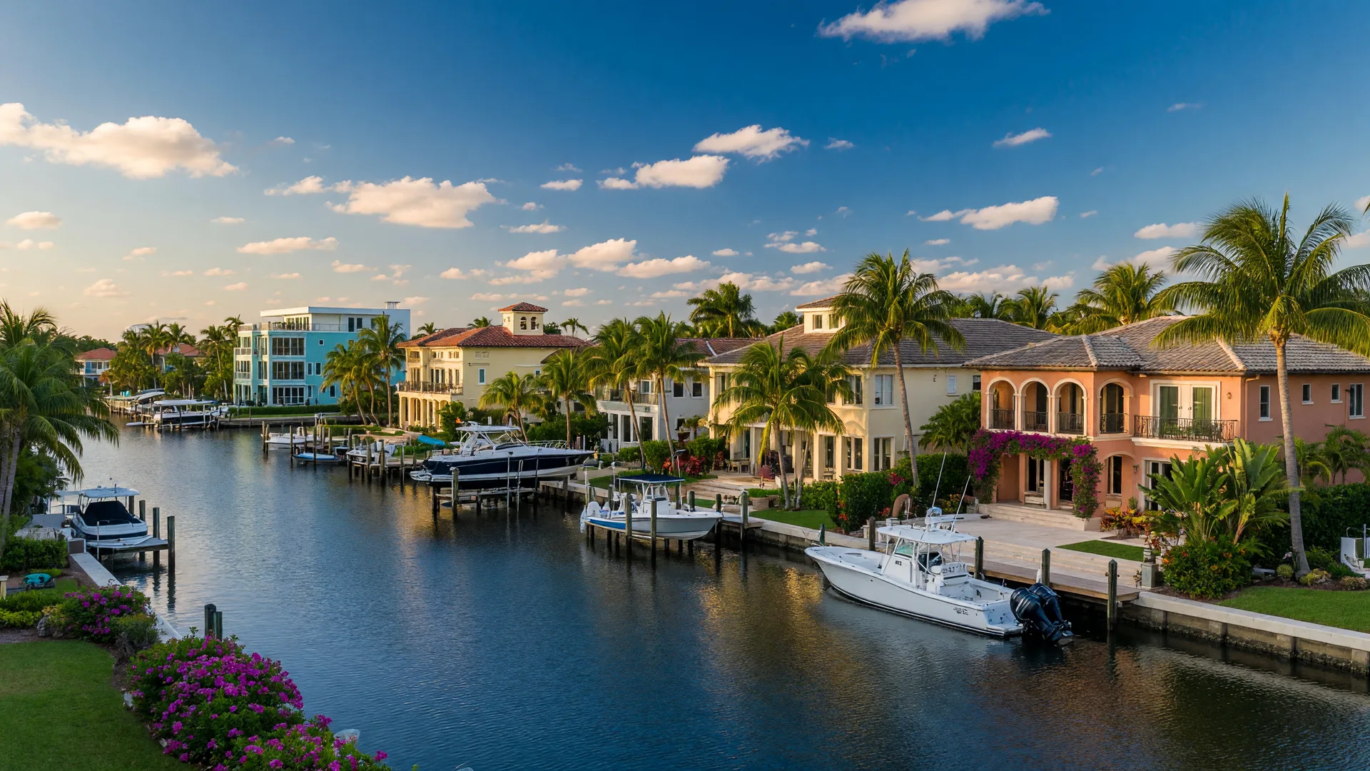 Luxury waterfront homes on a canal in East Delray Beach, Florida with private docks, boats, and tropical landscaping under blue skies