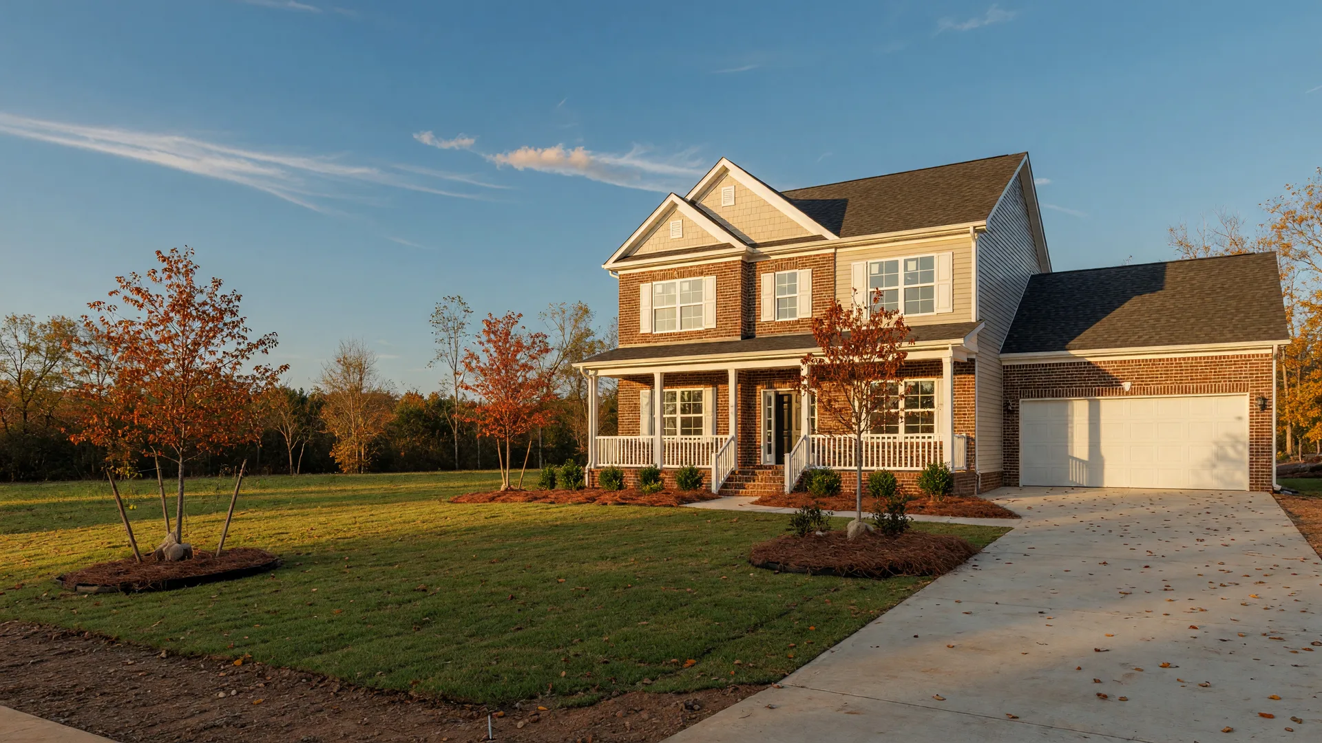 A newly built brick and siding home in Aiken SC with fresh landscaping and a covered front porch on a bright autumn afternoon