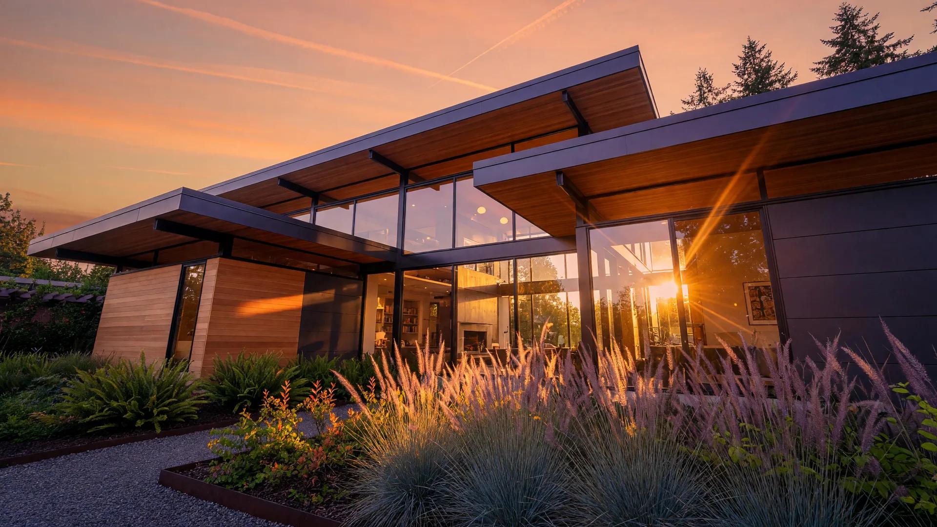 Contemporary modern home in Portland at golden hour with cedar and metal siding, floor-to-ceiling glass, and native landscaping