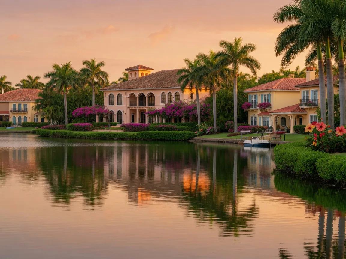 A lush planned-community lake in southwest Miami-Dade at golden hour, with a tile-roofed clubhouse and family homes along the shore