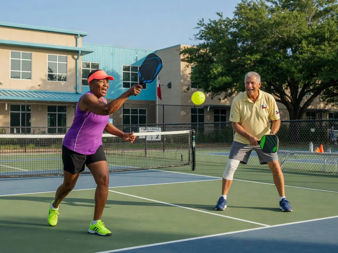Active adults playing pickleball at a Sun City Georgetown community
