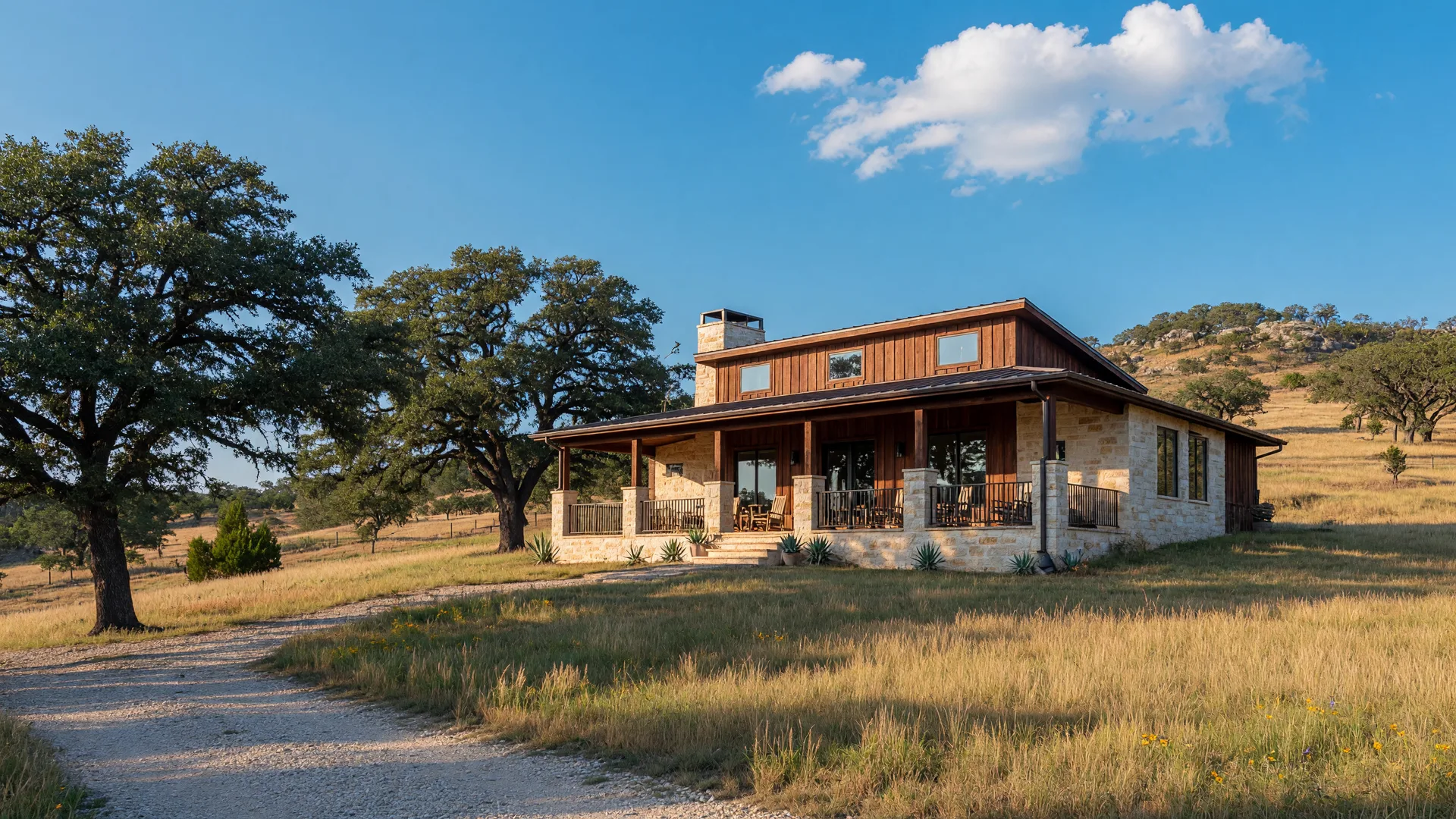 Modern Texas Hill Country limestone-and-cedar home with a covered porch on a sunny hilltop surrounded by live oaks