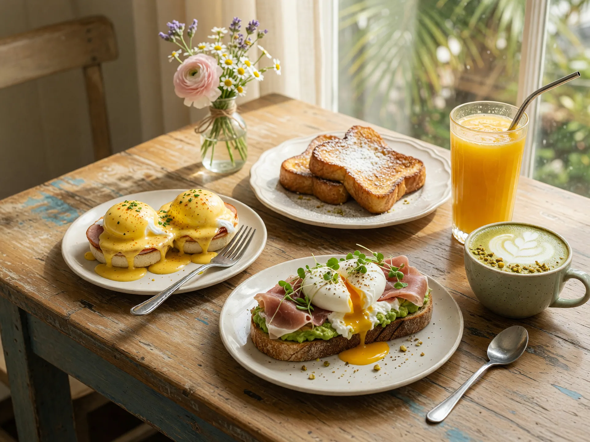 European-style brunch spread at a downtown Naples cafe: eggs Benedict with hollandaise, prosciutto and burrata avocado toast with a poached egg, French toast with powdered sugar, fresh-squeezed orange juice, and a pistachio latte