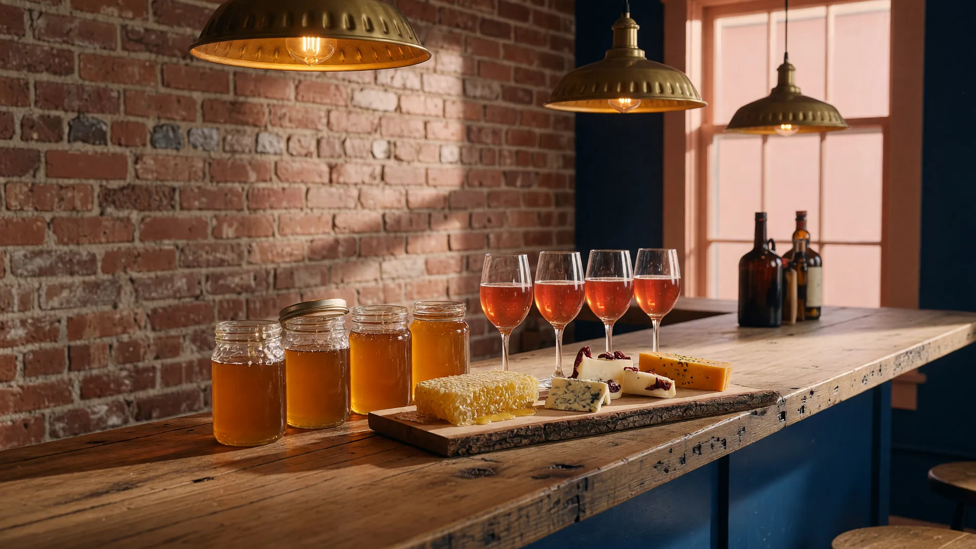Warm rustic tasting room with a long wooden bar, glass jars of golden honey, and amber glasses of honey wine