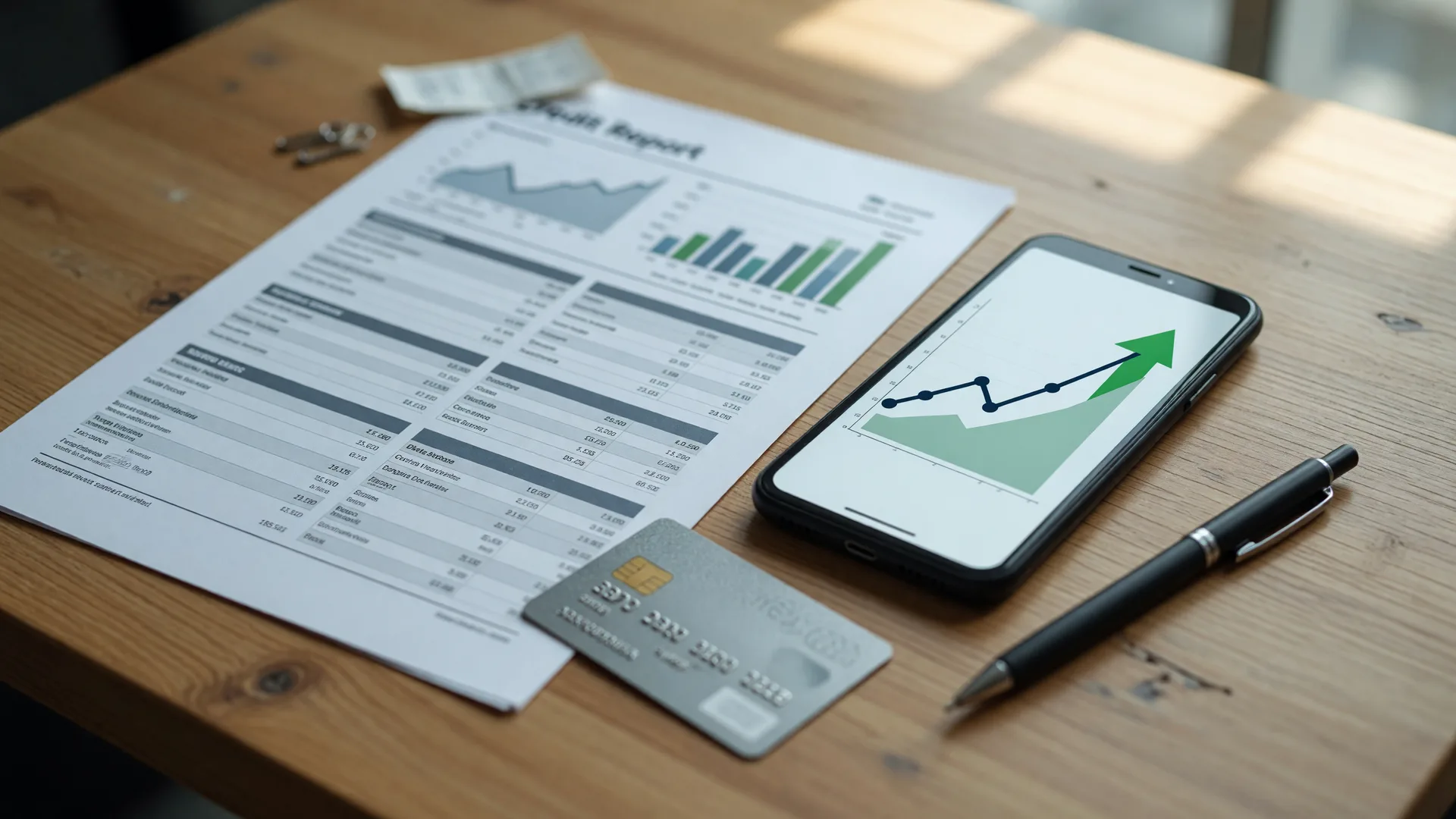 Credit report page and smartphone showing a rising score chart on a desk