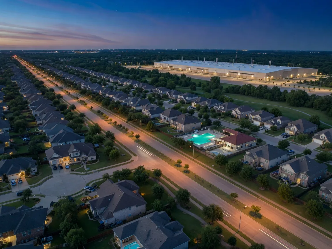 Aerial view at dusk of a North Texas suburban corridor with homes, a community pool and greenbelt trails near a large indoor sports complex