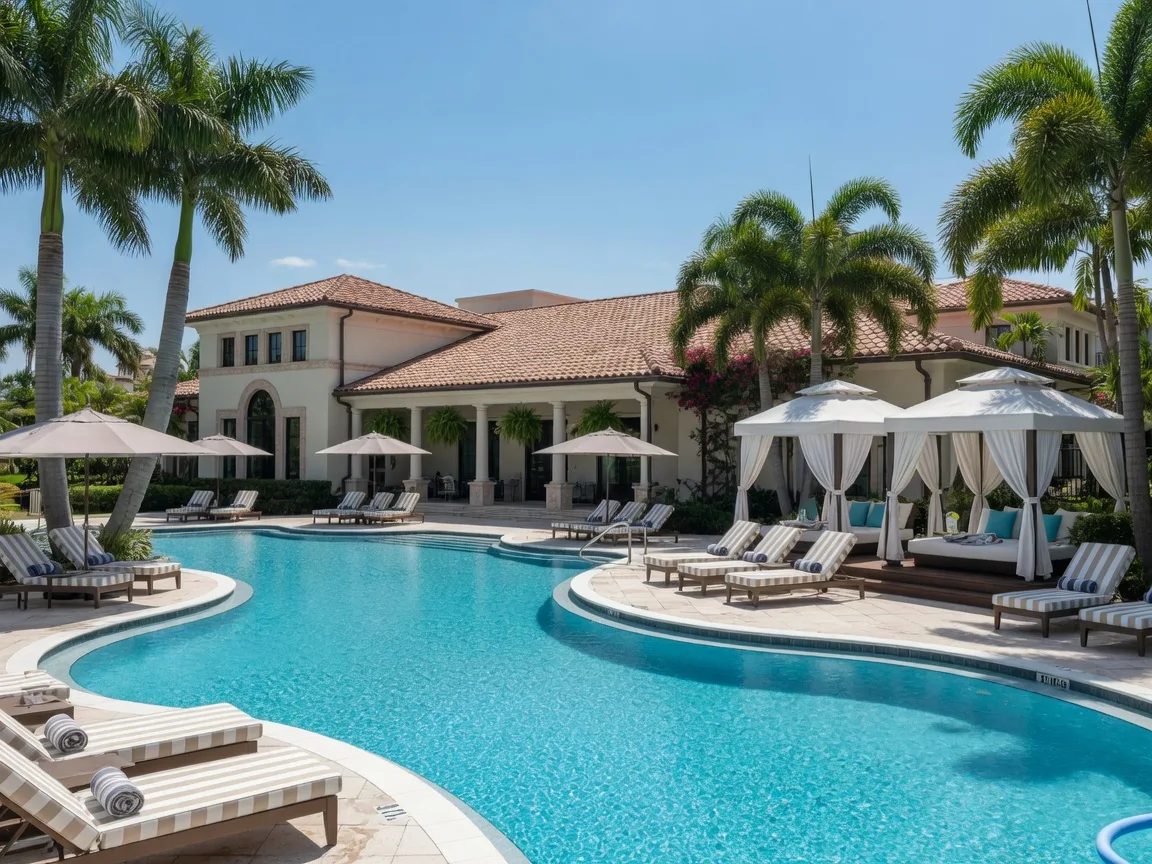 Seven Bridges resort-style pool and clubhouse amenities in Delray Beach with cabanas and lounge chairs