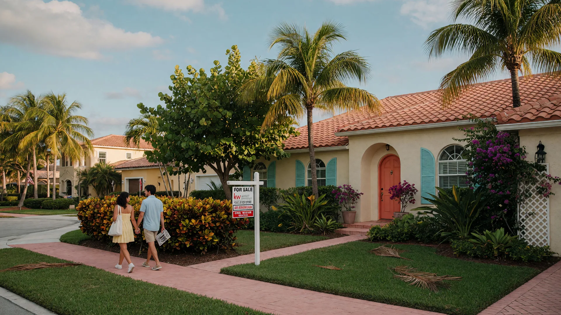 Young couple walking toward a Mediterranean-style home with FOR SALE sign in Delray Beach