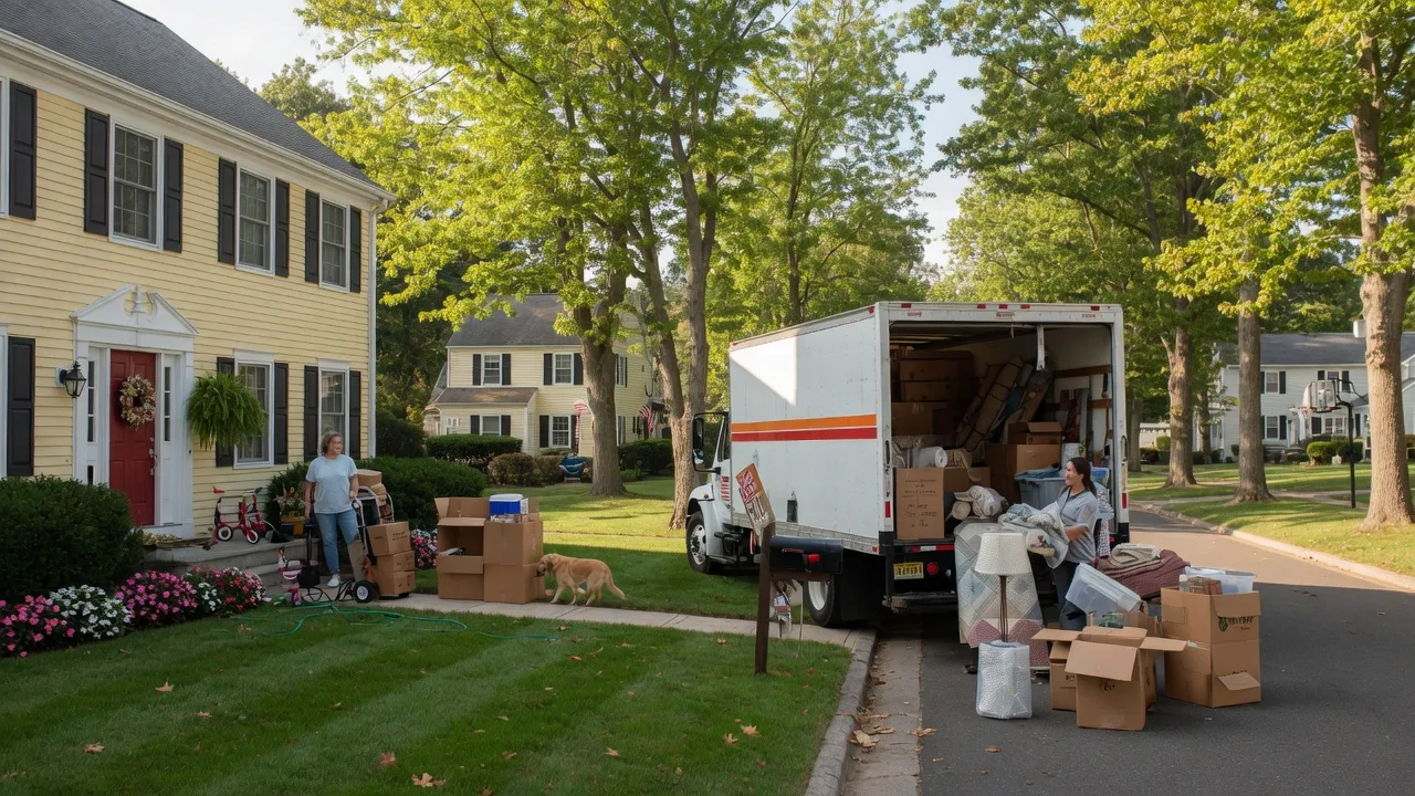 Moving truck in front of a suburban home in Delran, New Jersey