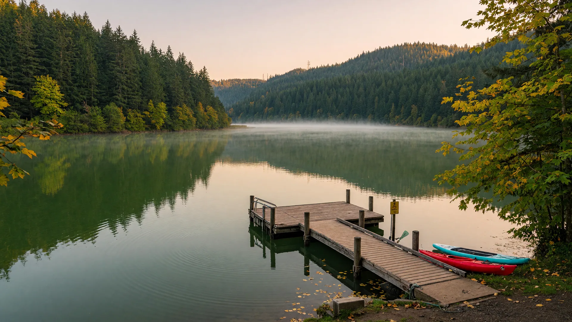 Calm early-autumn morning at Estacada Lake, with mirror-still green water reflecting forested hills, a wooden fishing dock with a kayak and paddleboard on the bank, and bigleaf maples beginning to turn gold