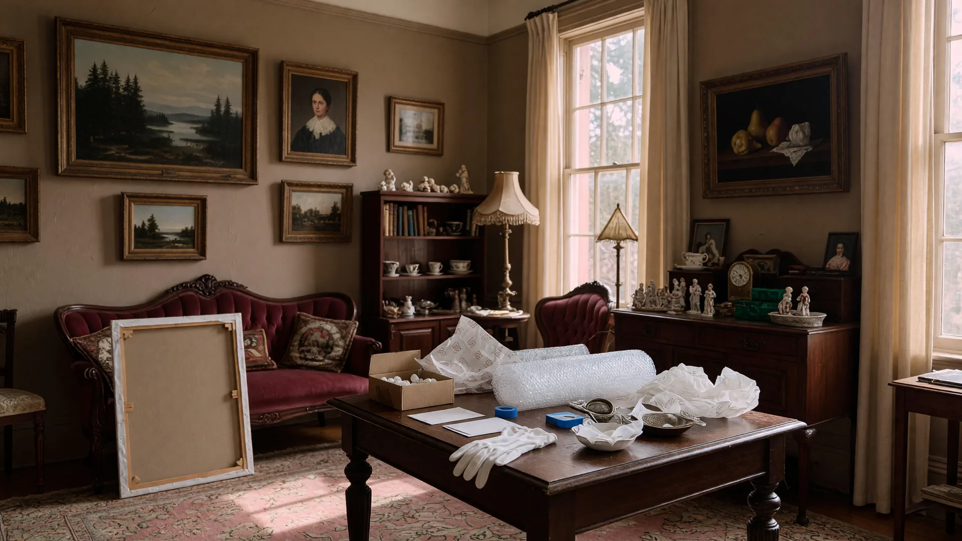 An elegant Victoria home living room with curated art, antique furniture, and collectibles prepared for a downsizing transition