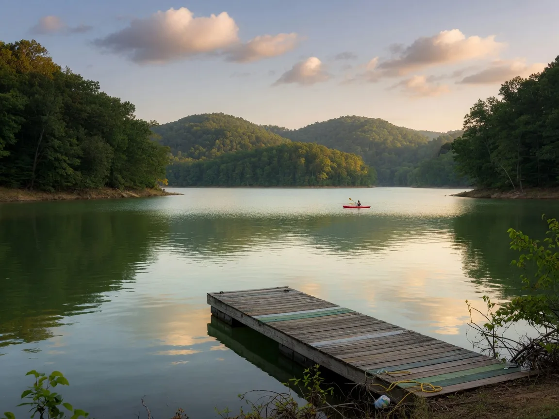 A tree-lined lake cove in south-central Kentucky with a wooden dock at late afternoon