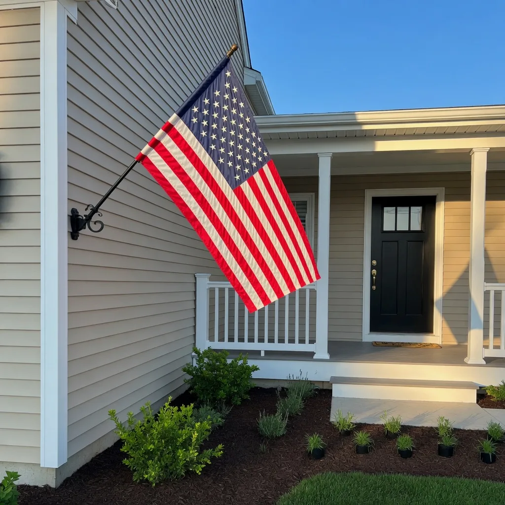 An American flag in front of a new-construction home