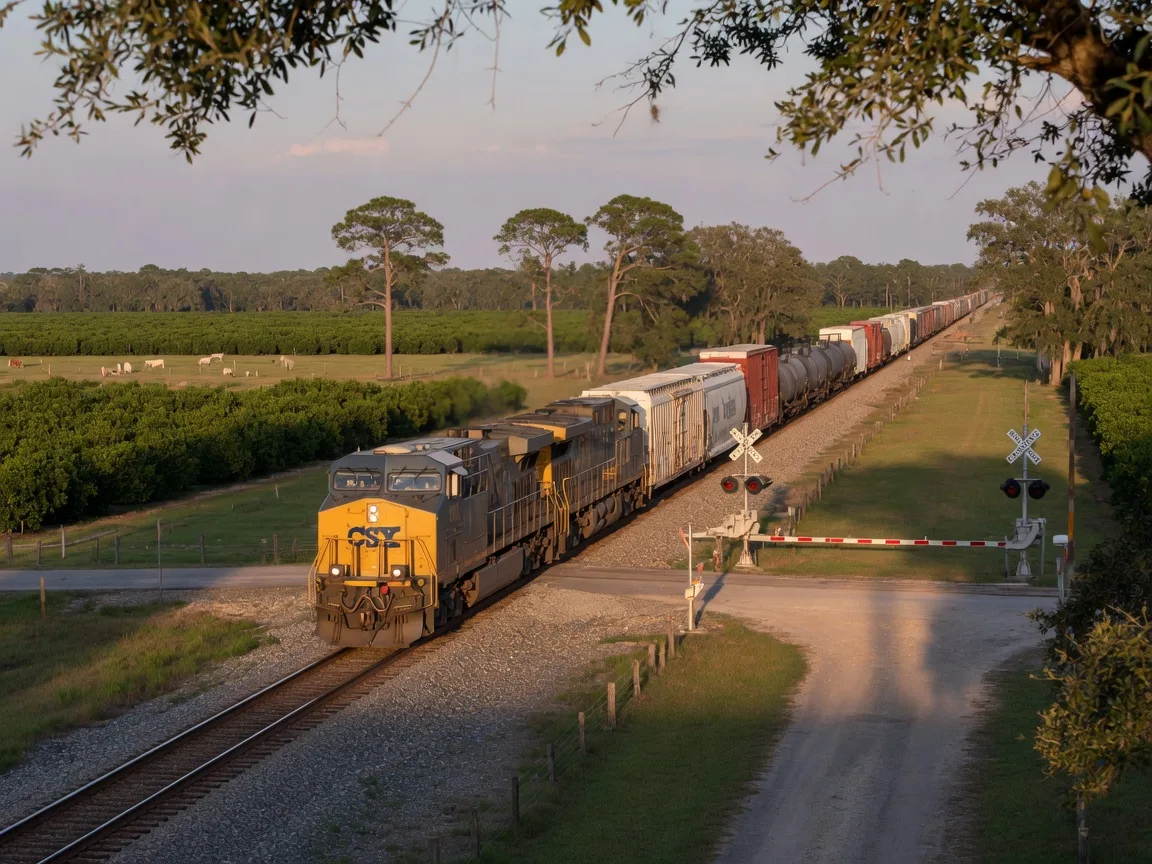 Freight train rolling through the countryside near Auburndale, Florida at golden hour