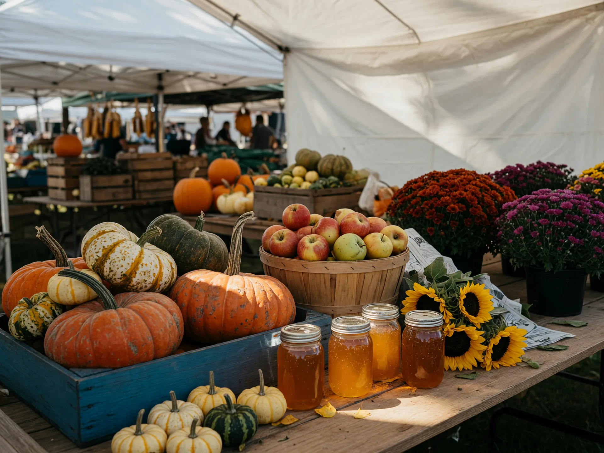 A local New Jersey farmers market stand in late September with crates of heirloom pumpkins, apples, jars of honey, and bunches of sunflowers under a white canopy