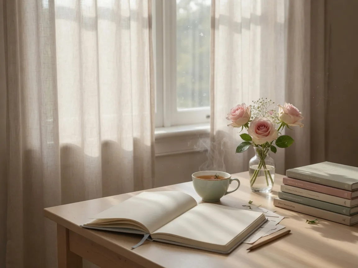 A bright writer's desk with a journal, a cup of tea, and a vase of roses