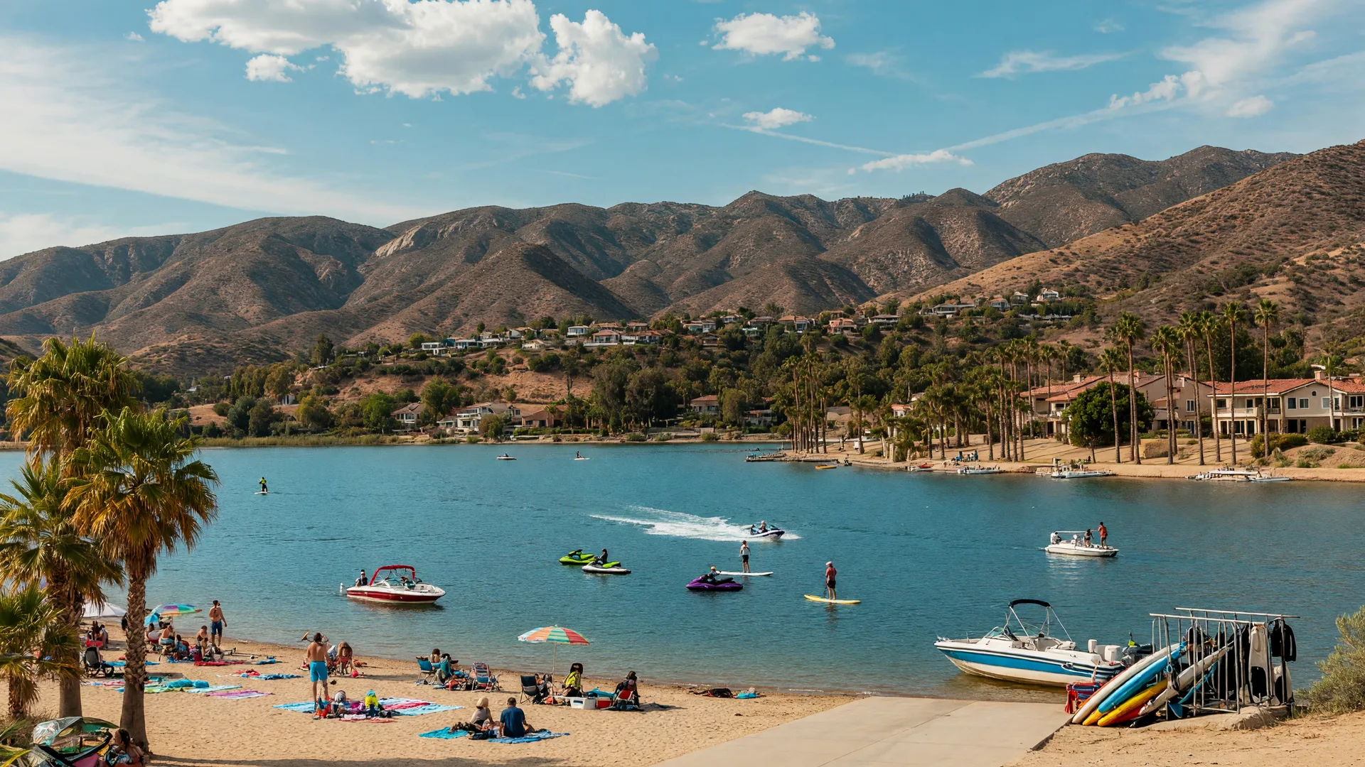 Lake Elsinore with a public beach and boat launch in the foreground, recreational boats on the water and the Ortega Mountains in the background