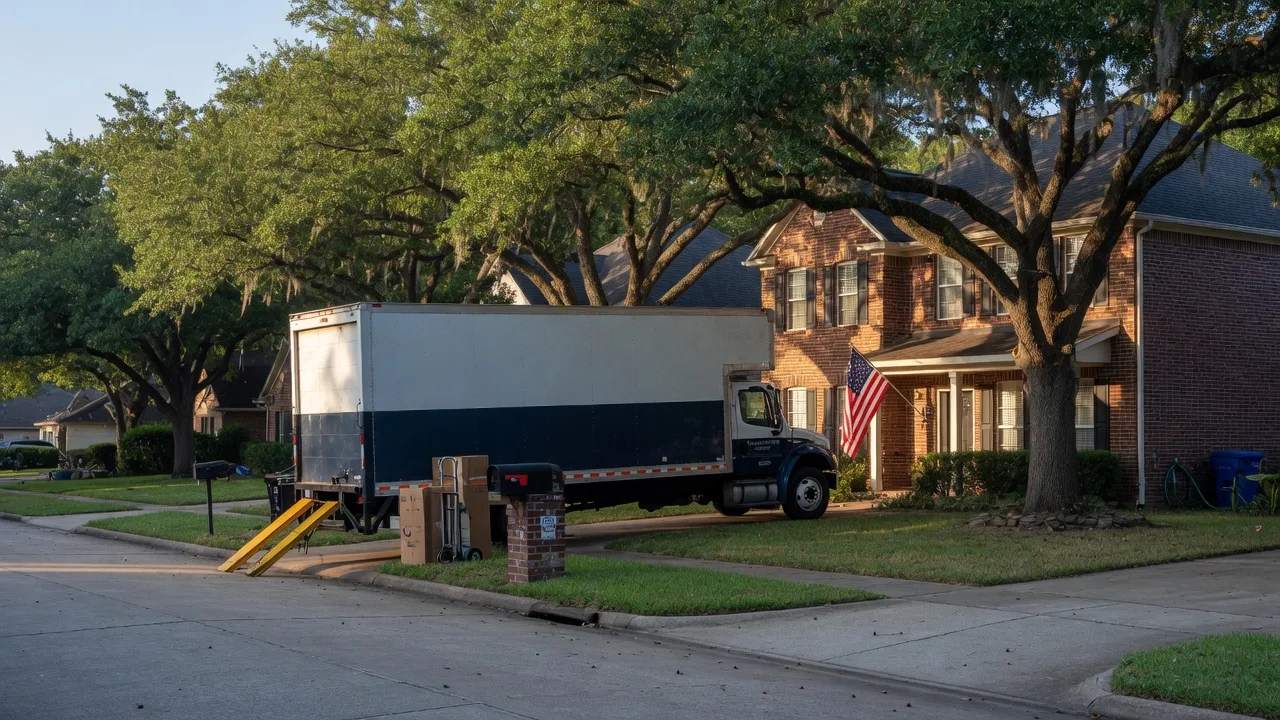 A professional moving truck parked in front of a brick suburban home with mature oak trees in the Lake Houston area on a bright summer morning