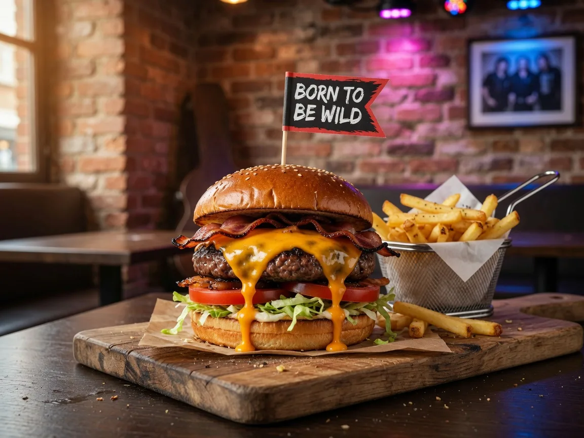 Signature Born To Be Wild gourmet burger with fries plated on a wooden board at 37 Main Restaurant in Buford Georgia with warm brick wall and neon glow atmosphere