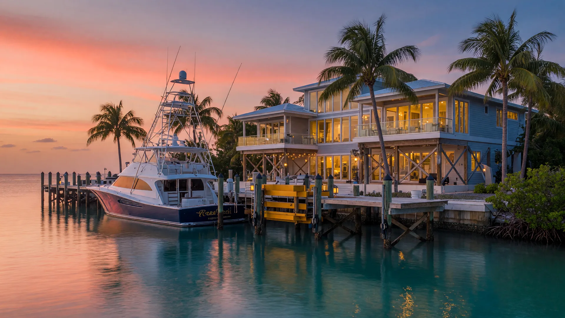 An elevated luxury waterfront estate in the Florida Keys at dusk, a modern coastal home raised on pilings with warm lights glowing through floor-to-ceiling glass, a private deep-water dock and boat lift with a sportfishing yacht moored, palm trees and still turquoise water