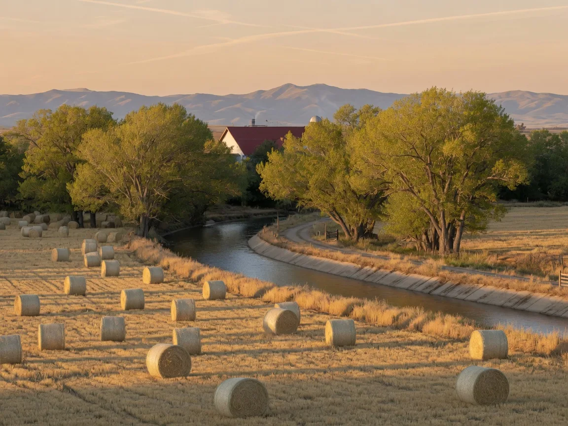Round hay bales and a cottonwood-lined irrigation canal on farmland near Middleton, Idaho