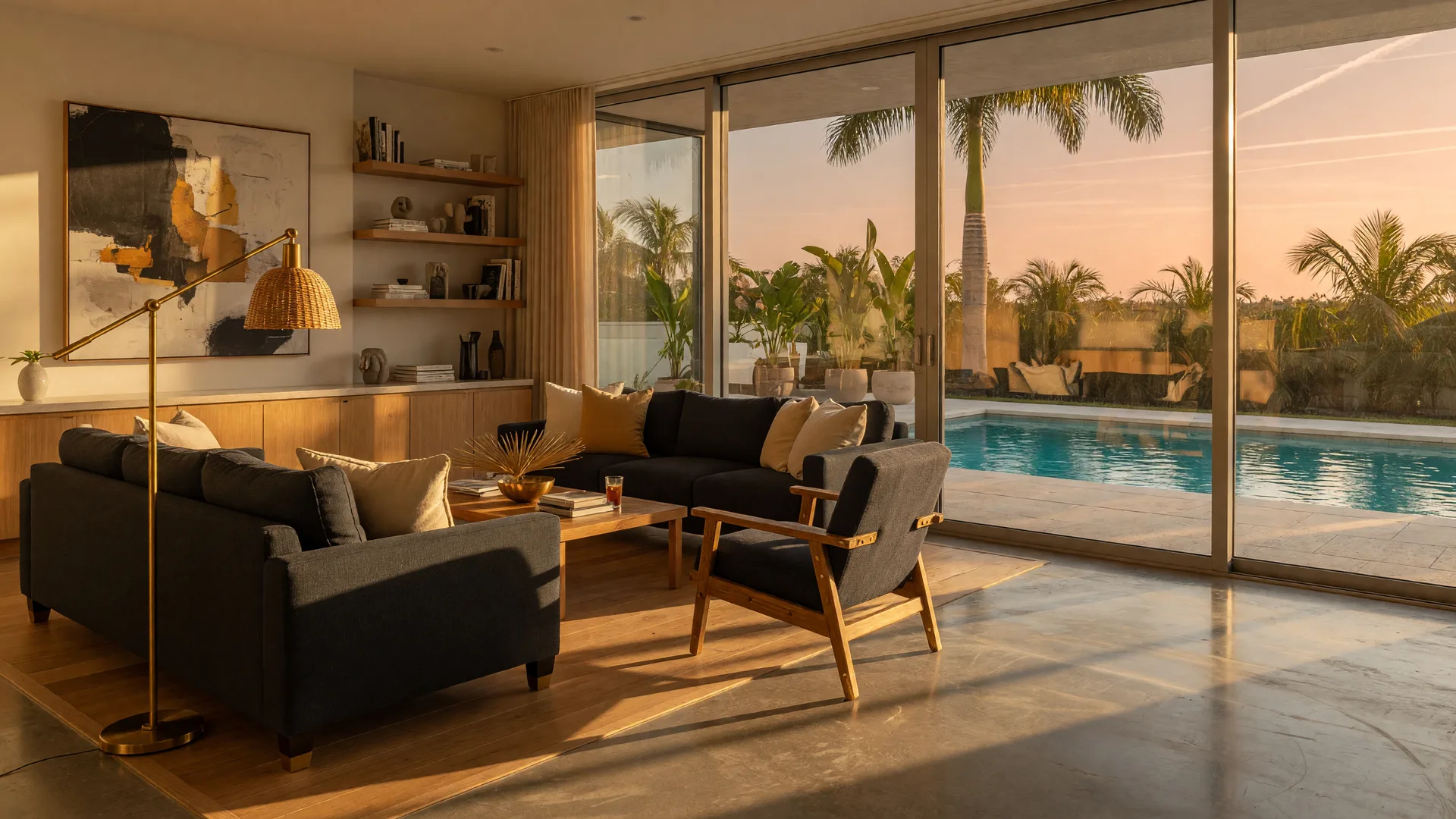 A bright modern Florida great room opening to a pool terrace through floor-to-ceiling glass at golden hour
