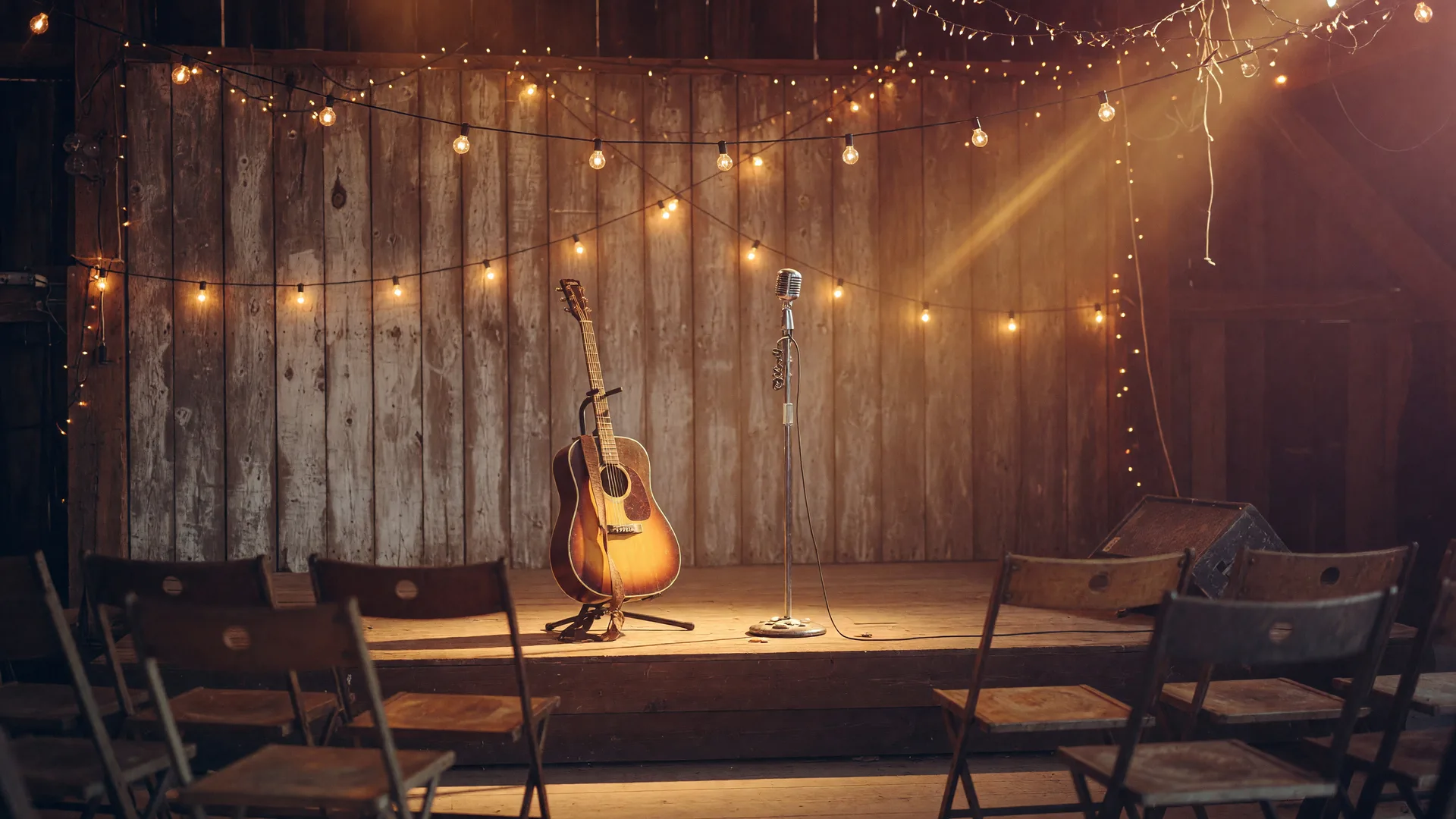 An intimate country music stage with an acoustic guitar on a stand by a vintage microphone under amber string lights, empty front row awaiting the show