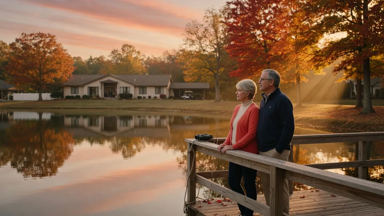Couple looking out over a peaceful lake at a South Jersey 55+ community at golden hour