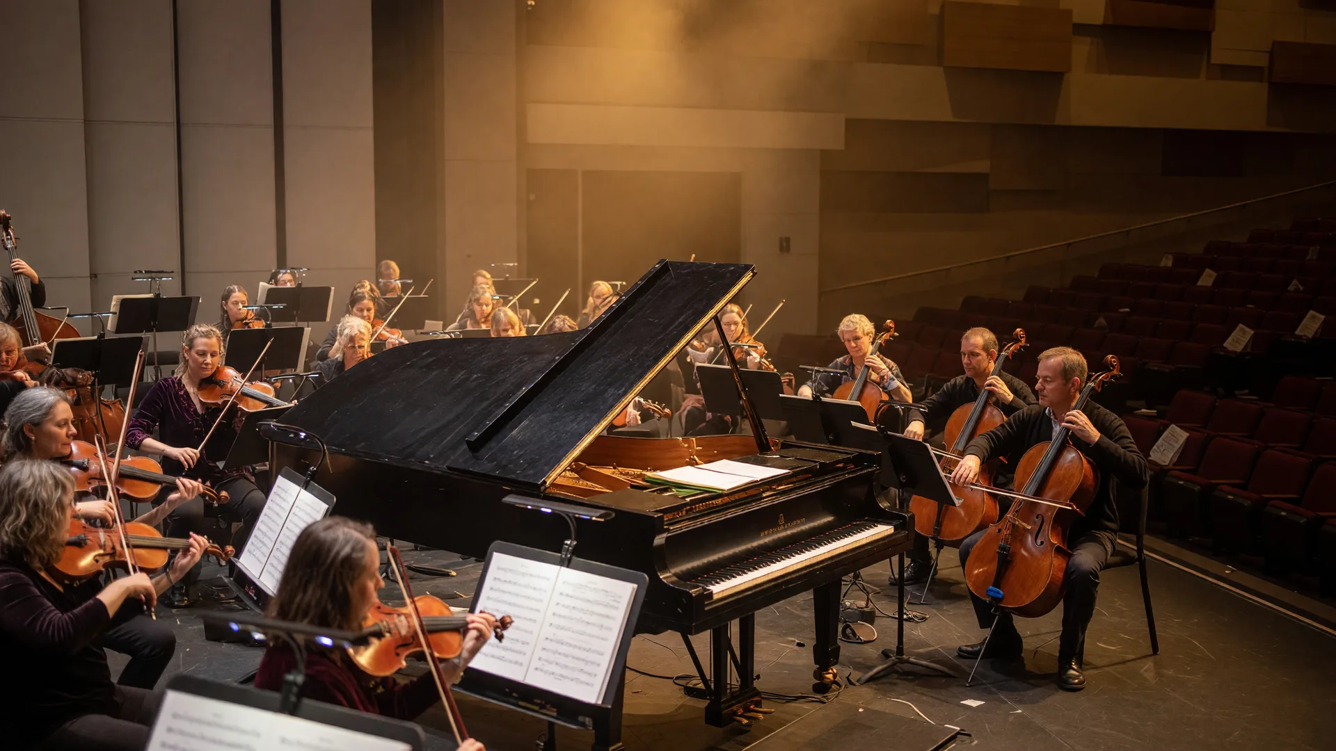 A community symphony orchestra tuning on a modern performing arts center stage, warm golden stage light over rows of music stands and a grand piano