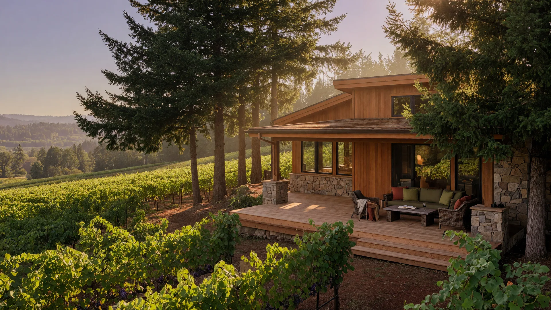 Modern home overlooking Willamette Valley vineyards in warm golden afternoon light
