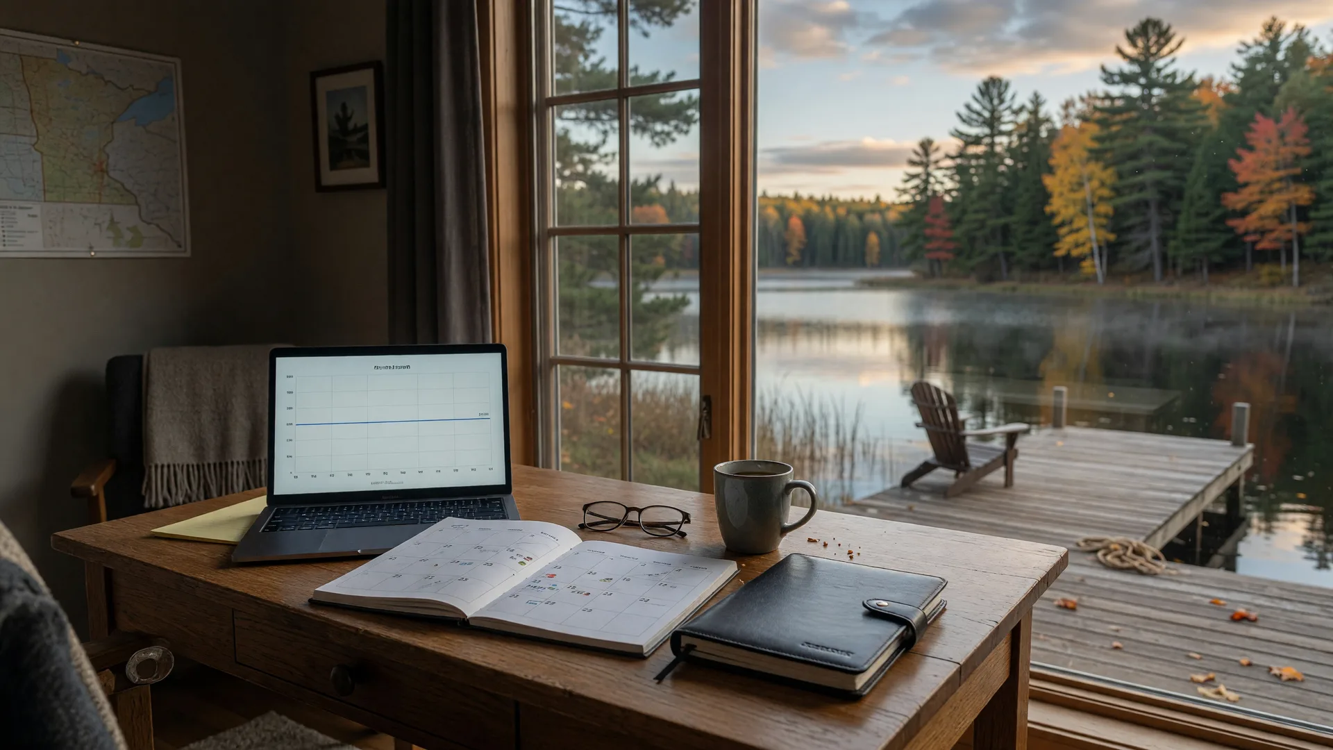 A real estate agent's lakeside home office in northern Minnesota in October with a laptop showing a flat-line income chart, an open planner, reading glasses, and a coffee mug beside a window over a pine-lined lake
