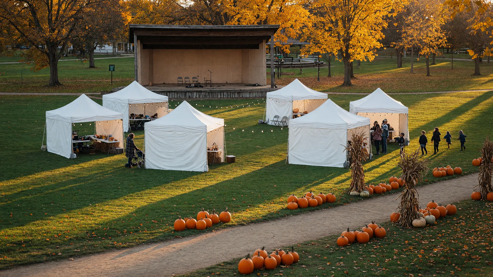 White vendor tents circled on the lawn of a small Southern town park with an open-air amphitheater stage, pumpkins, and golden autumn leaves