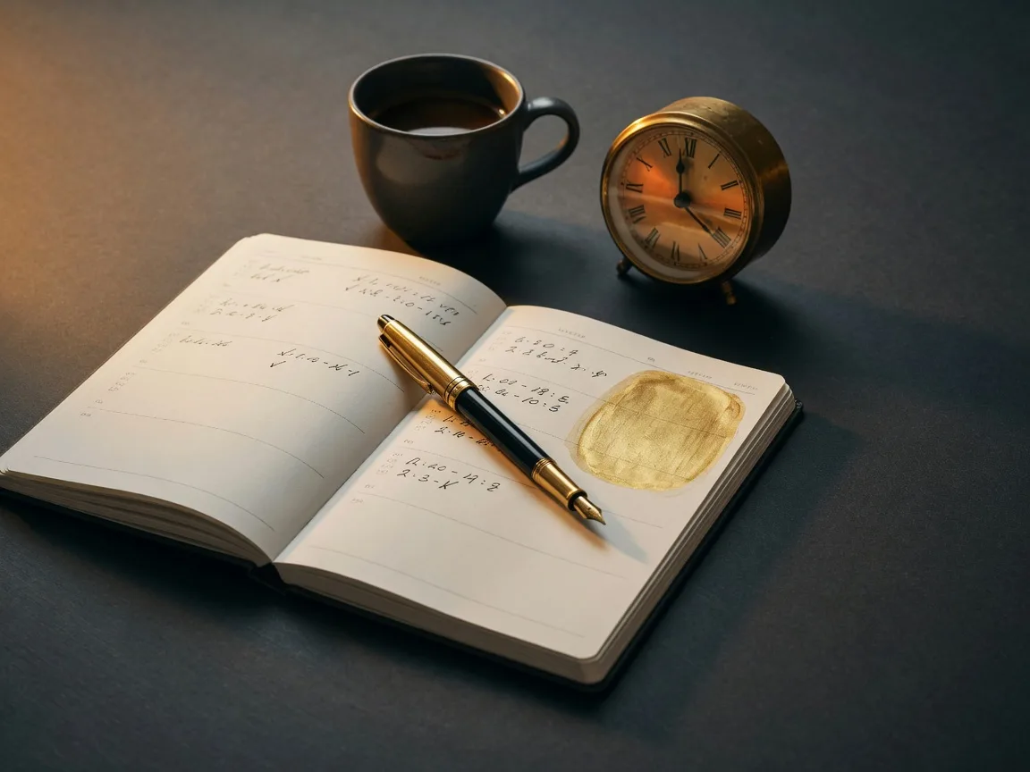 An open weekly planner with the afternoon follow-up block ringed in gold on a charcoal desk