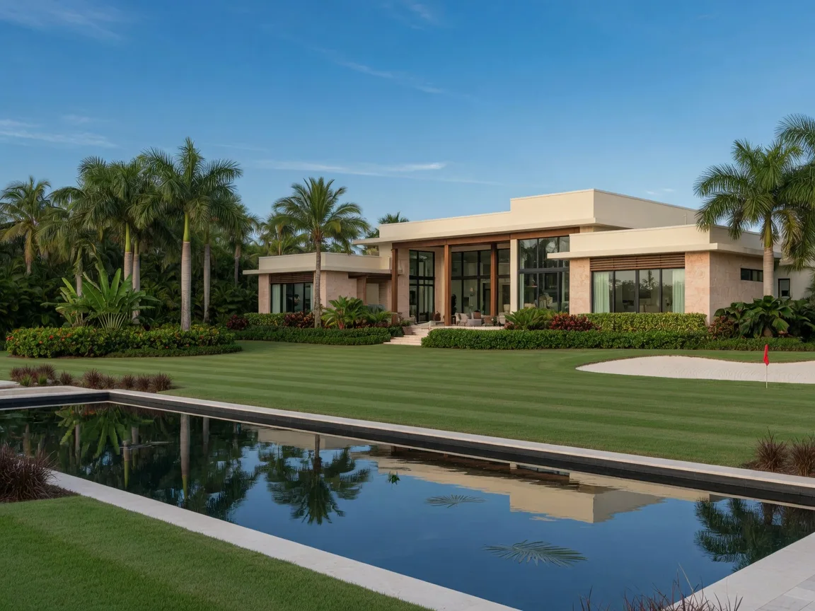 Modern single-story estate on a manicured Southwest Florida golf fairway, with cream stucco, glass and wood accents, mature palms, and a reflecting pool