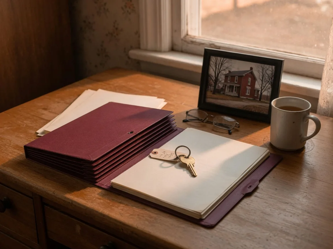 A wooden desk in a heritage Ontario home with an open accordion folder, a brass house key, reading glasses, and a framed photo of a farmhouse arranged in warm autumn window light