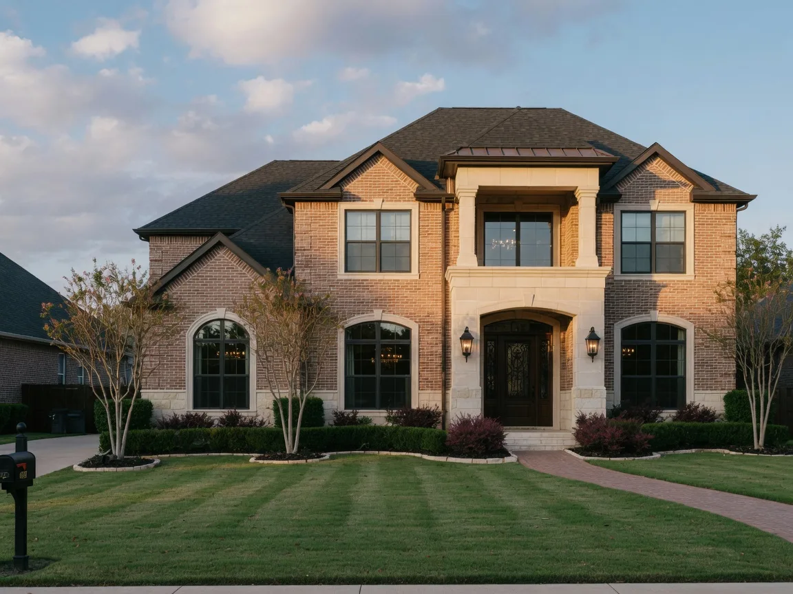 A two-story brick and stone estate home on a wide lawn in an estate community in Flower Mound, Texas
