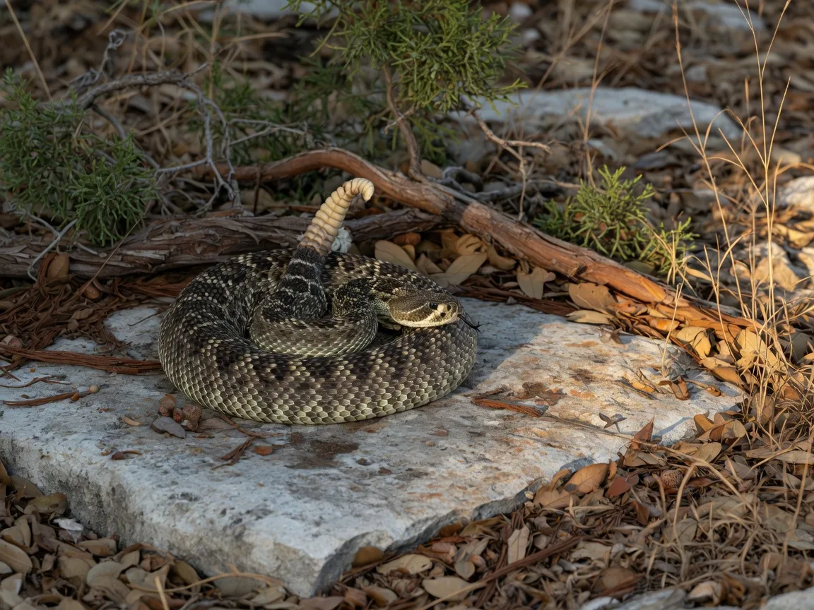 A western diamondback rattlesnake coiled on a flat limestone rock among cedar and live oak litter in the Texas Hill Country in late afternoon light