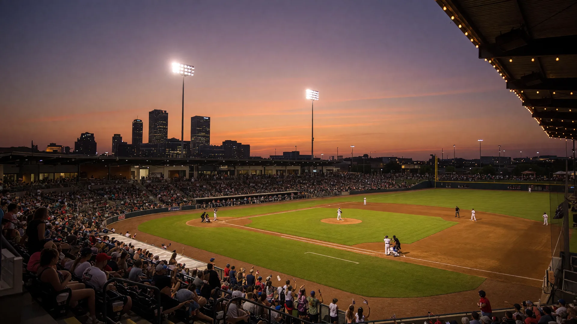 Evening baseball game at ONEOK Field in Tulsa with the stadium lit up under a twilight sky and the downtown skyline in the background