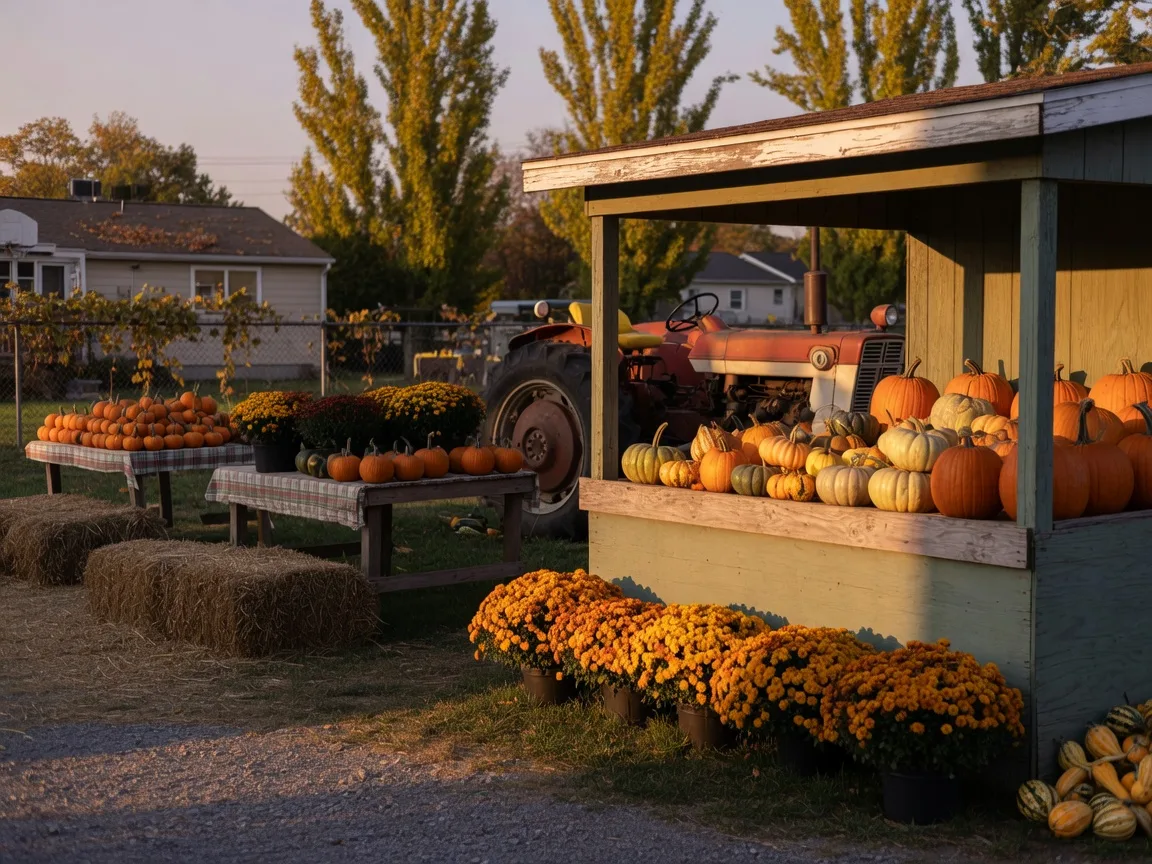 A fall farm market display of pumpkins and mums in Plymouth Meeting, Pennsylvania