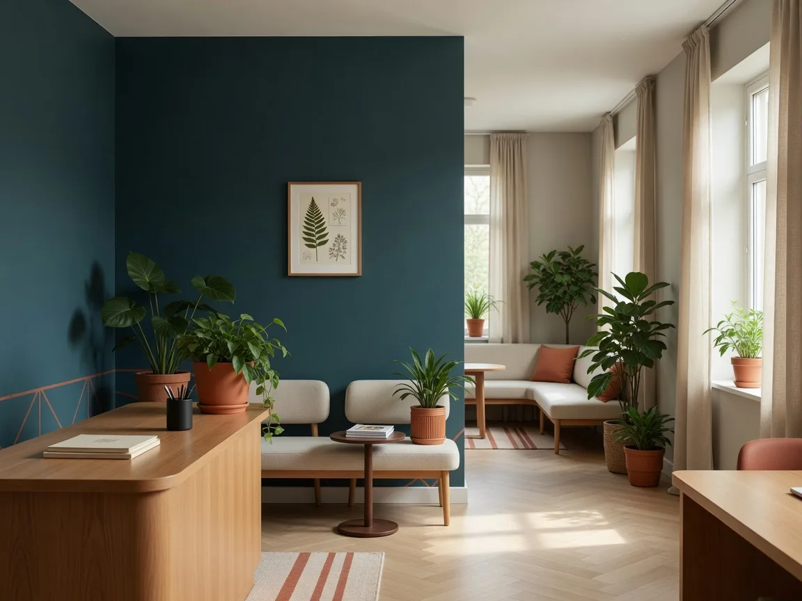Bright TruHealth reception area with oak desk and deep teal wall