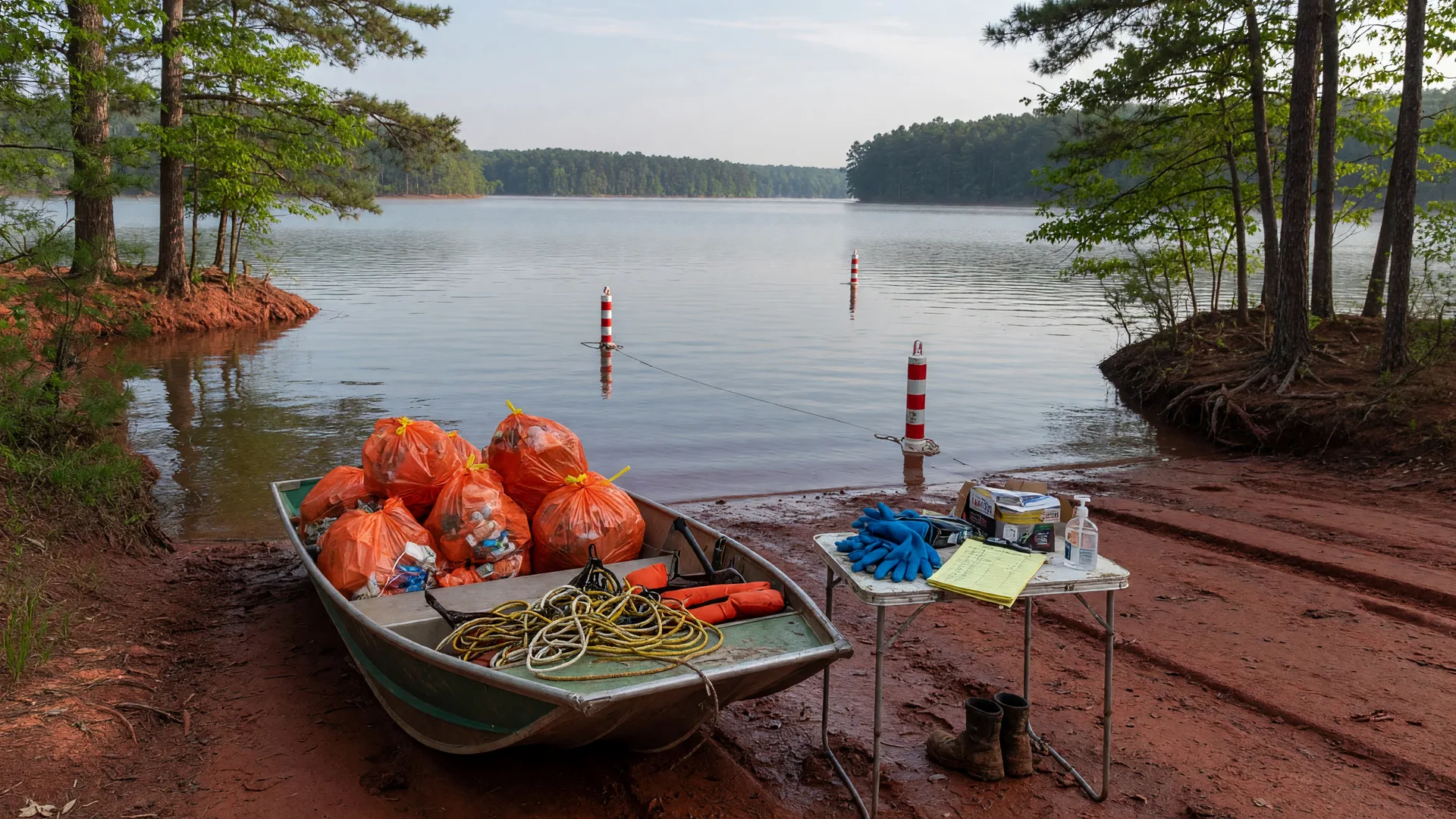 A flat-bottom jon boat loaded with orange trash bags pulled up on a red-clay launch beside the calm water of Lake Hartwell