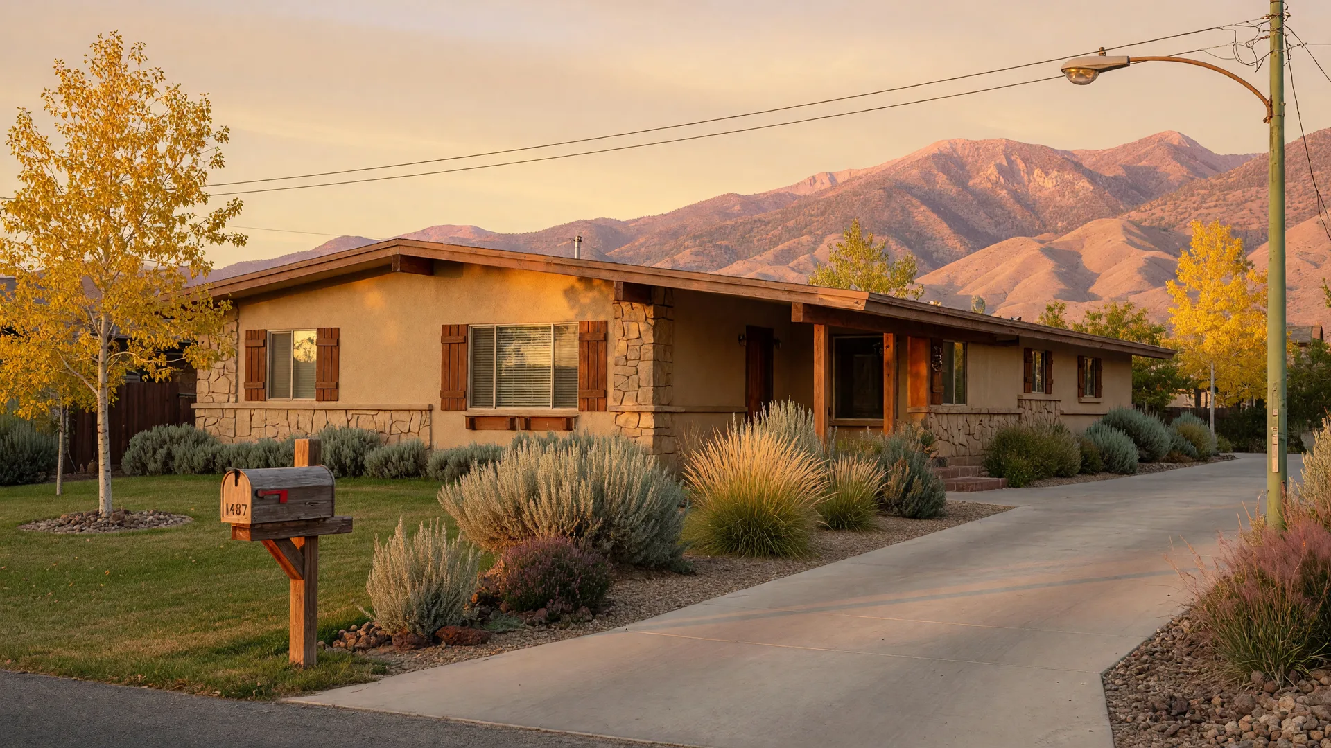 A Nevada ranch-style home at golden hour, with a wooden mailbox by the driveway and the Carson Range in the background.