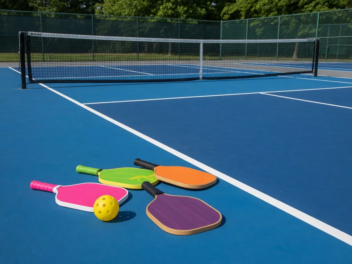Colorful pickleball paddles and ball resting on a blue pickleball court at Apalachee Farms Dacula Georgia