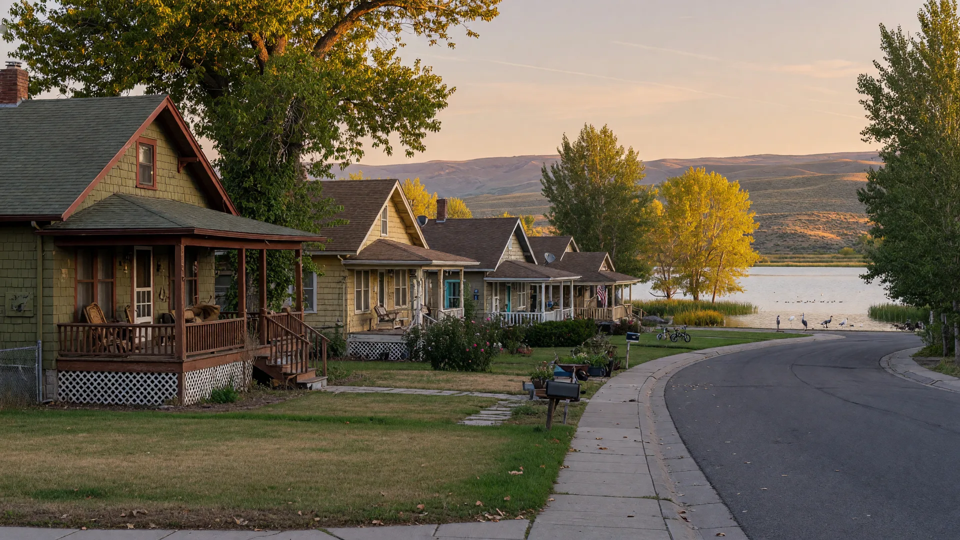 A leafy residential street in Nampa, Idaho with craftsman bungalows and the Deer Flat lake refuge behind