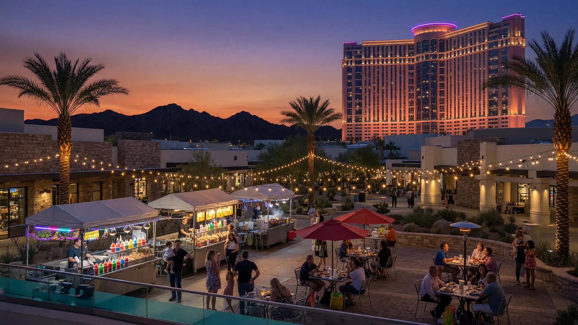 Evening at a modern Southwest Las Vegas dining and market plaza with string lights over palm trees, market stalls, and a glowing resort tower on the horizon