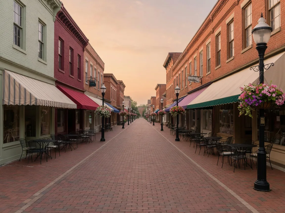 A quiet Old Town Warrenton street in warm morning light: a brick sidewalk, storefronts with canvas awnings, a café with sidewalk tables, and hanging flower baskets
