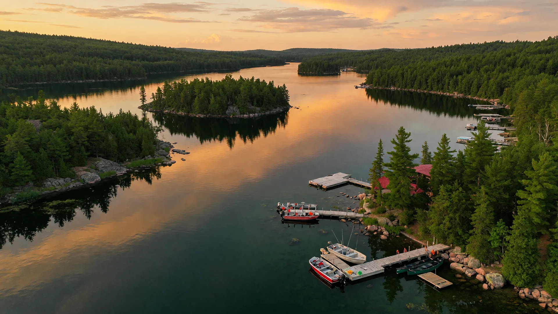 Aerial view of interconnected lakes and pine forests in the Brainerd Lakes Area at golden hour
